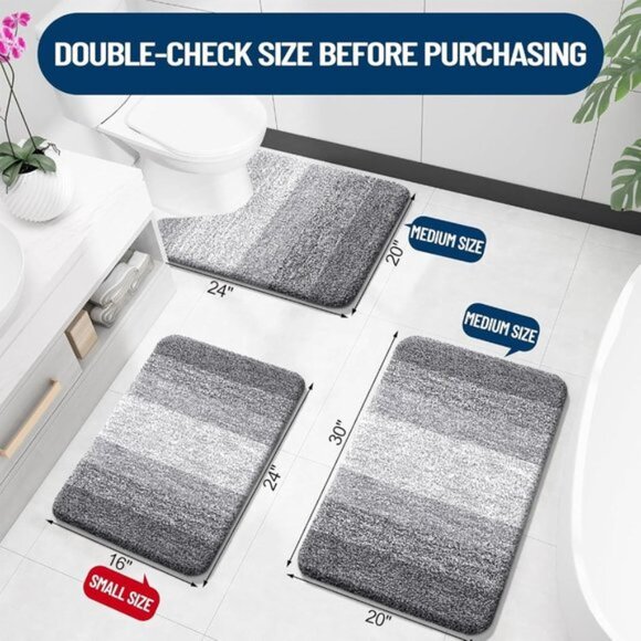 New 3-Piece Bathroom Rug Set, Soft Absorbent Microfiber, Non-Slip, Grey - Picture 2 of 9
